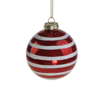 Boule en verre rouge avec bandes blanches Classic Noël