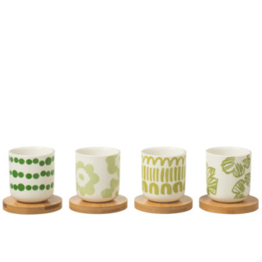 Tasses A Cafe + Sous-Tasse Bambou Coffret Ceramique Vert x4
