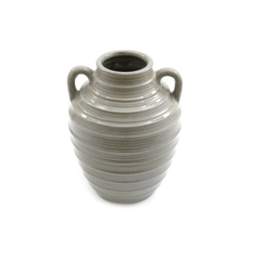 Vase côtelé gris en céramique avec poignées 25 cm