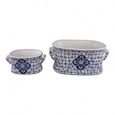 Lot de 2 cache-pots en céramique bleu et blanc motifs ronds vintage