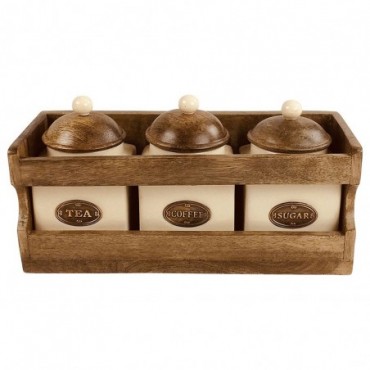 Support en bois avec 3 pots en céramique Tea Coffee Sugar