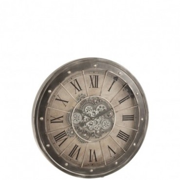 Horloge Chiffres Romains Mecanisme Apparent Métal + Verre Antique Gris
