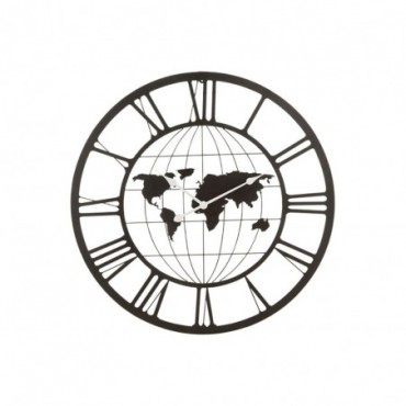 Horloge Chiffres Romains Planisphere Métal Gris