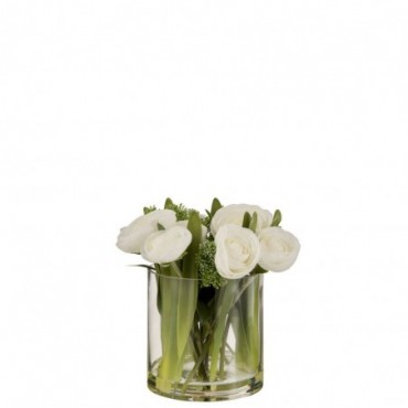 Renoncule + Vase Plastique Verre Blanc-Vert L