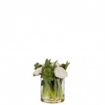 Renoncule + Vase Plastique Verre Blanc-Vert S