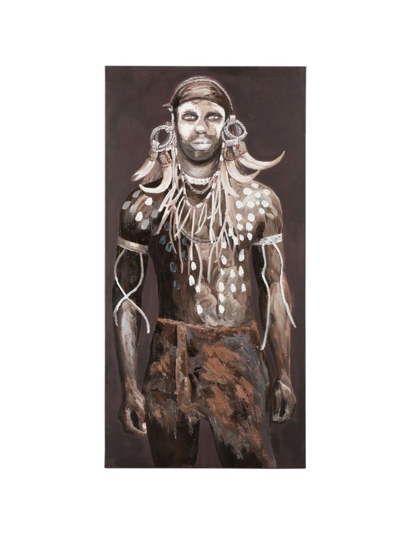 Peinture Homme Africain Tribal Canevas Marron/Blanc