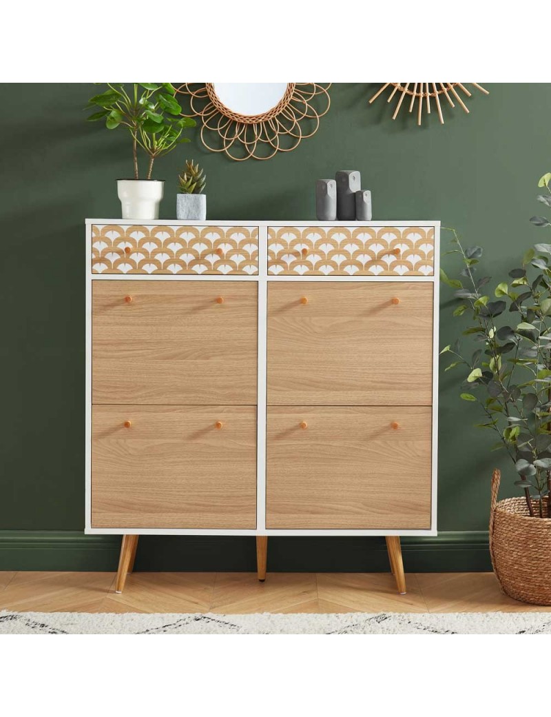 Meuble à chaussures scandinave à imprimés 2 tiroirs 4 portes L100cm
