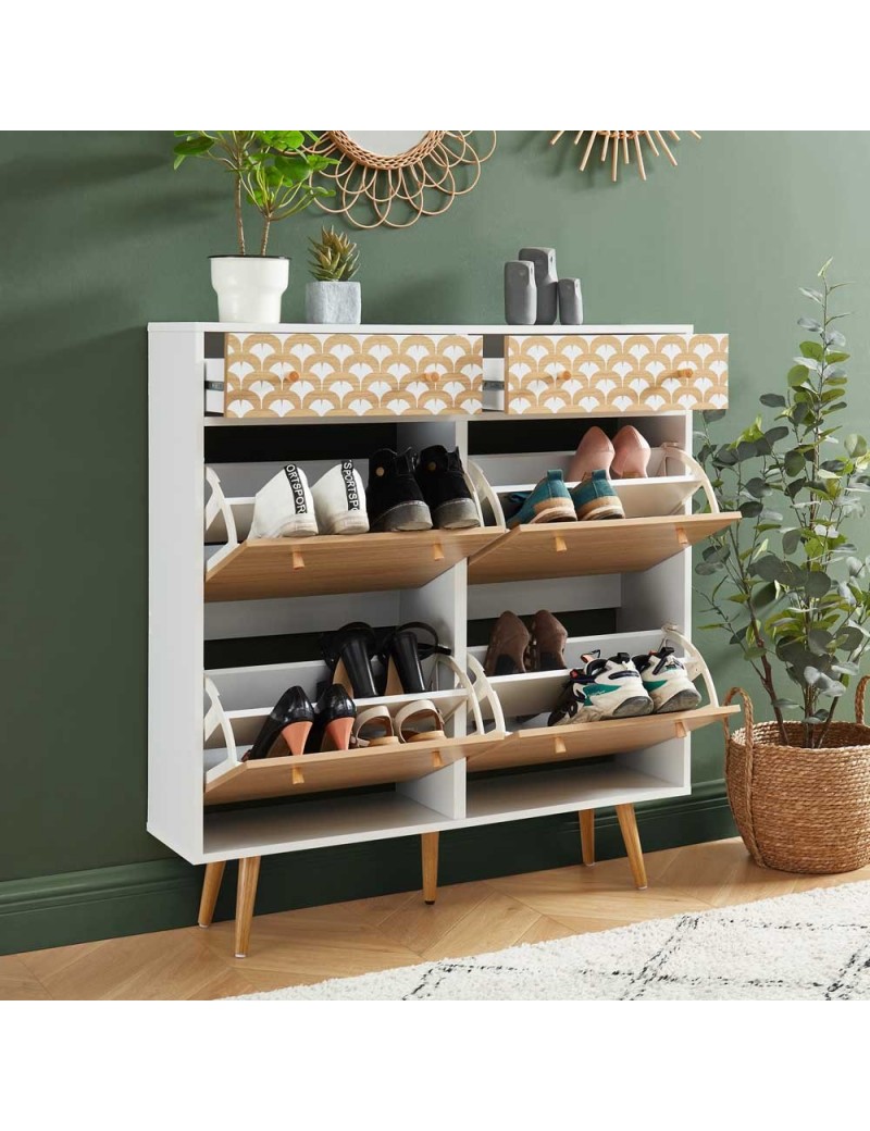 Meuble à chaussures scandinave à imprimés 2 tiroirs 4 portes L100cm