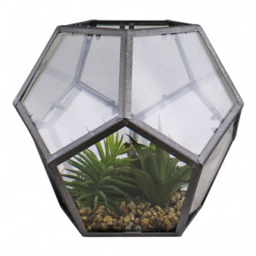 Terrarium hexagonal en verre et métal avec fausses plantes succulentes