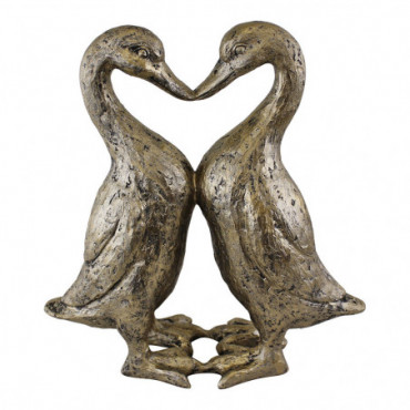 Statuette de canards qui s'embrassent en forme de cur en résine dorée