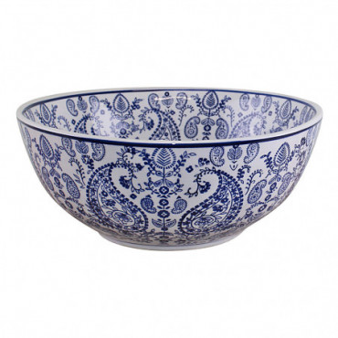 Grand bol en céramique design paisley bleu et blanc vintage
