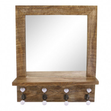 Étagère en bois de manguier avec miroir et 4 patère doubles