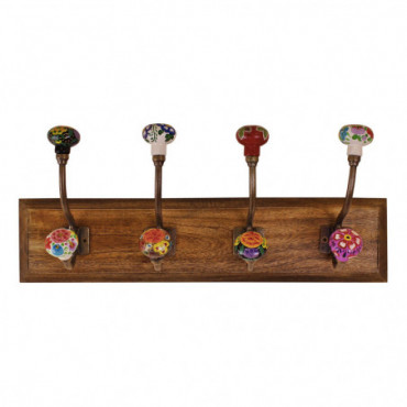 Patère 4 crochets en céramique florale mexicaine sur base en bois