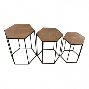 Tables d'appoint hexagonales en métal noir et bois lot de 3