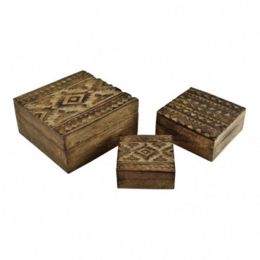 Boîtes carrées en bois kasbah sculptées à la main lot de 3