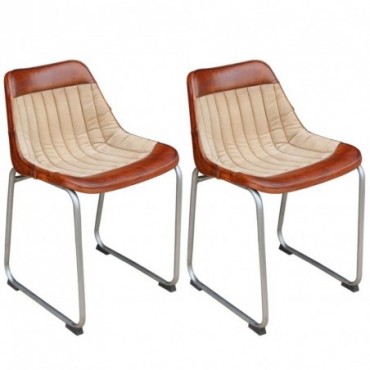 Chaise vintage x2 en cuir véritable et toile Marron et beige