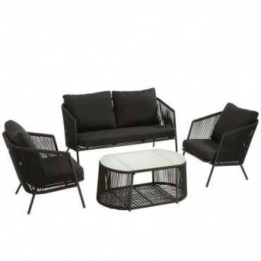 Set Eli 4 Pieces Sofas + Table + Coussins Metal/Corde Noir