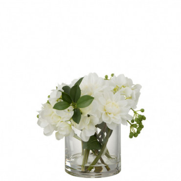 Dahlia Hydrangea En Vase Plastique Verre Blanc