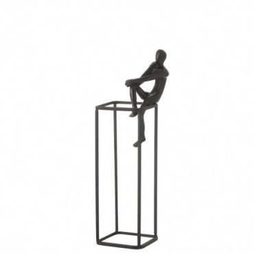 Figurine Pensive Sur Cube Aluminium Noir