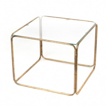 Bout De Canape Cube Gold Metal Et Verre